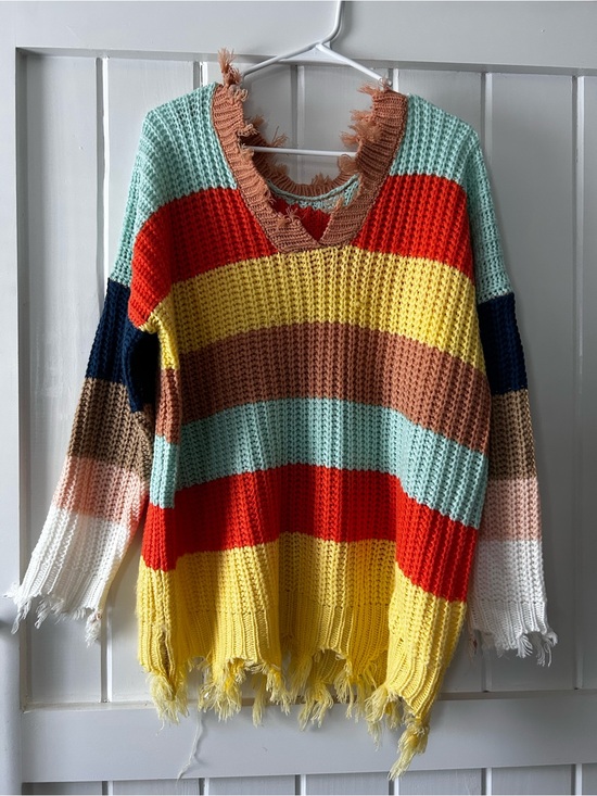 Tops - Distressed Multi-Color Stripe V-Neck Sweater